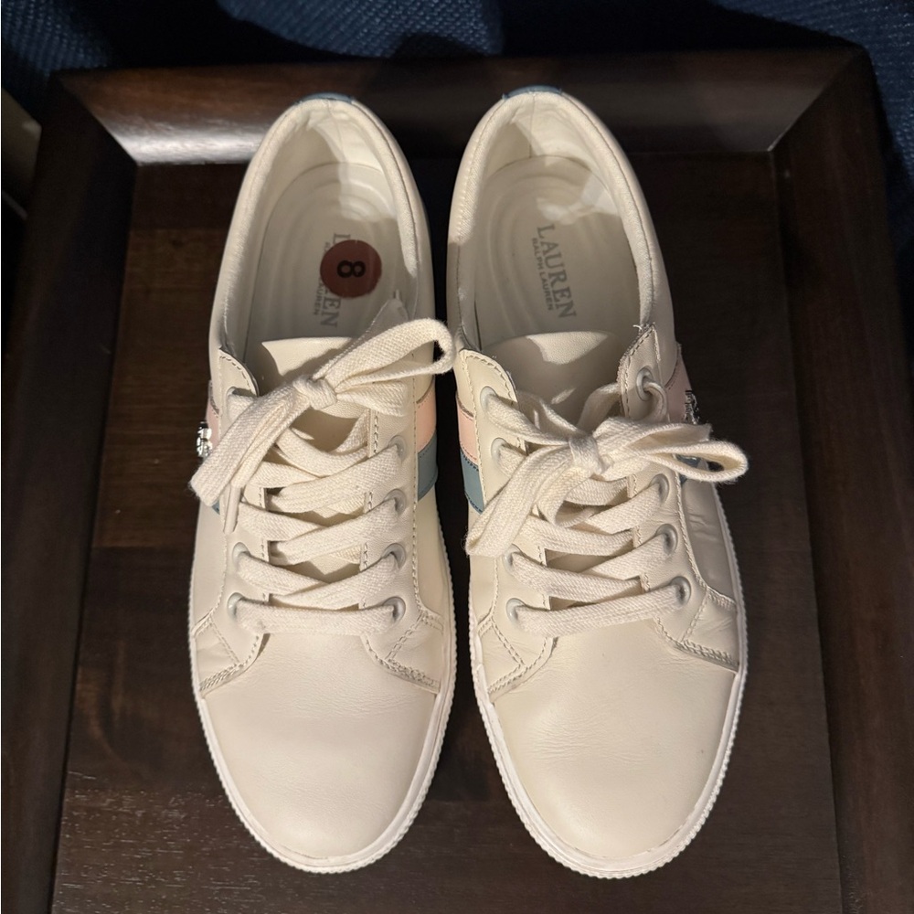 Lauren Ralph Lauren Cream Sneakers with Pink and Blue Details